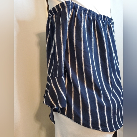 Navy Blue Striped Off-Shoulder Flare Midi Blouse Ruffle Cuffs Mint Condition - Picture 10 of 14